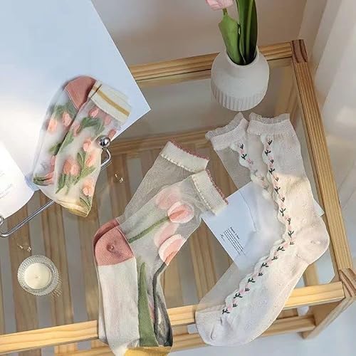 Aufona 6 Pairs Vintage Sheer Socks, Cute Floral Thin Socks, Mesh Lace Elastic Jacquard Glass Silk Socks For Women Girls (6 Pairs[2 Lily1/ 2Lily 2/2 Lily 3]) #TOP4
