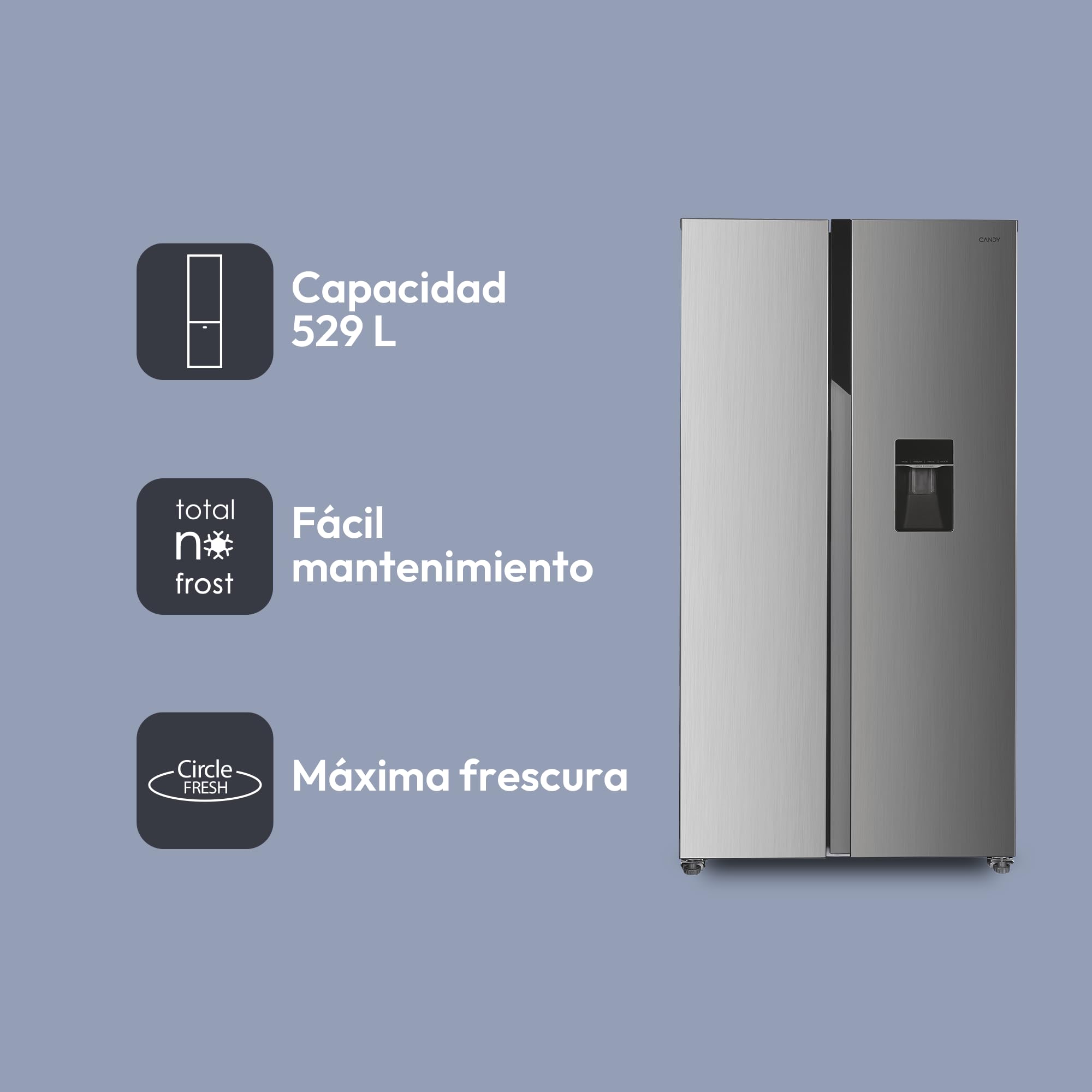 Candy CHSBSO-6174XWD, Frigorífico Side by Side, 90CM, 518L, Motor Inverter, Total No Frost, Dispensador de Agua, 2 Cajones Verduleros, Control Externo Digital, Iluminación LED, 42DB, Inox