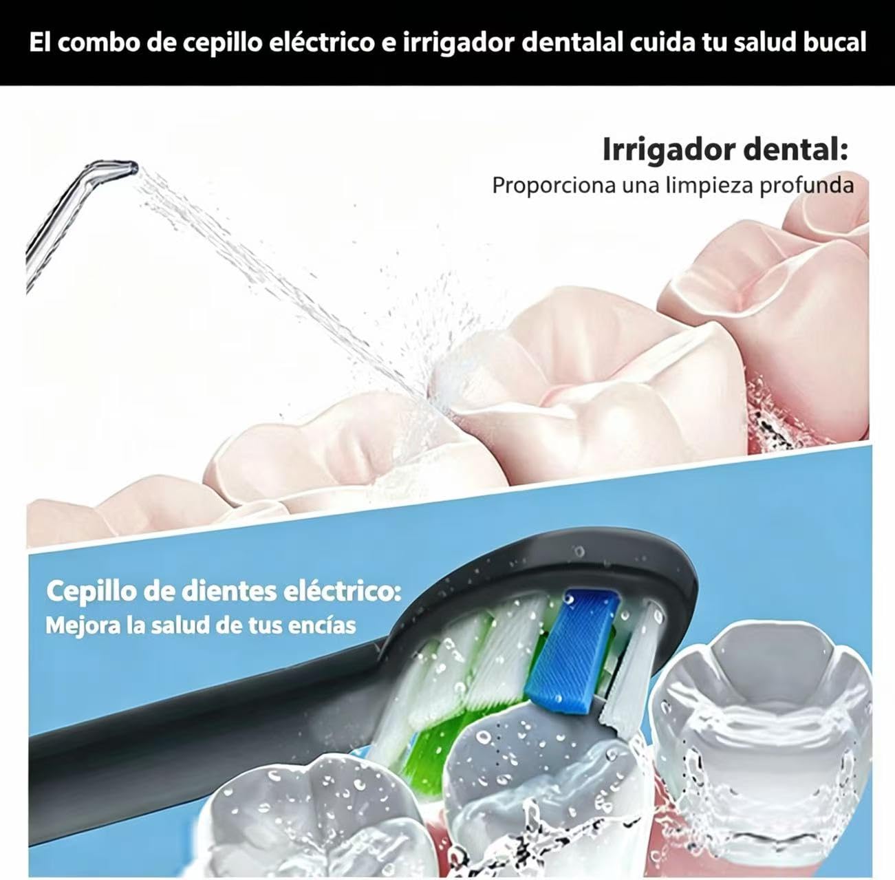 Irrigador Dental y Cepillo de Dientes Eléctrico 2 en 1 – Kit de Limpieza Bucal con Irrigador Portátil y Cepillo Sónico – IPX7, 3 Modos de Agua, 4 Modos de Cepillado para una Higiene Oral Completa