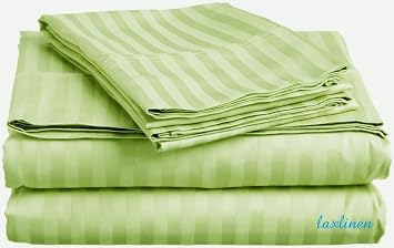 LaxLinen 600-Thread-Count Egyptian Cotton Sateen 6 PCs Bed Sheet Set + 30 Inch Pocket Depth Expanded Queen/Olympic Queen, Sage Stripe