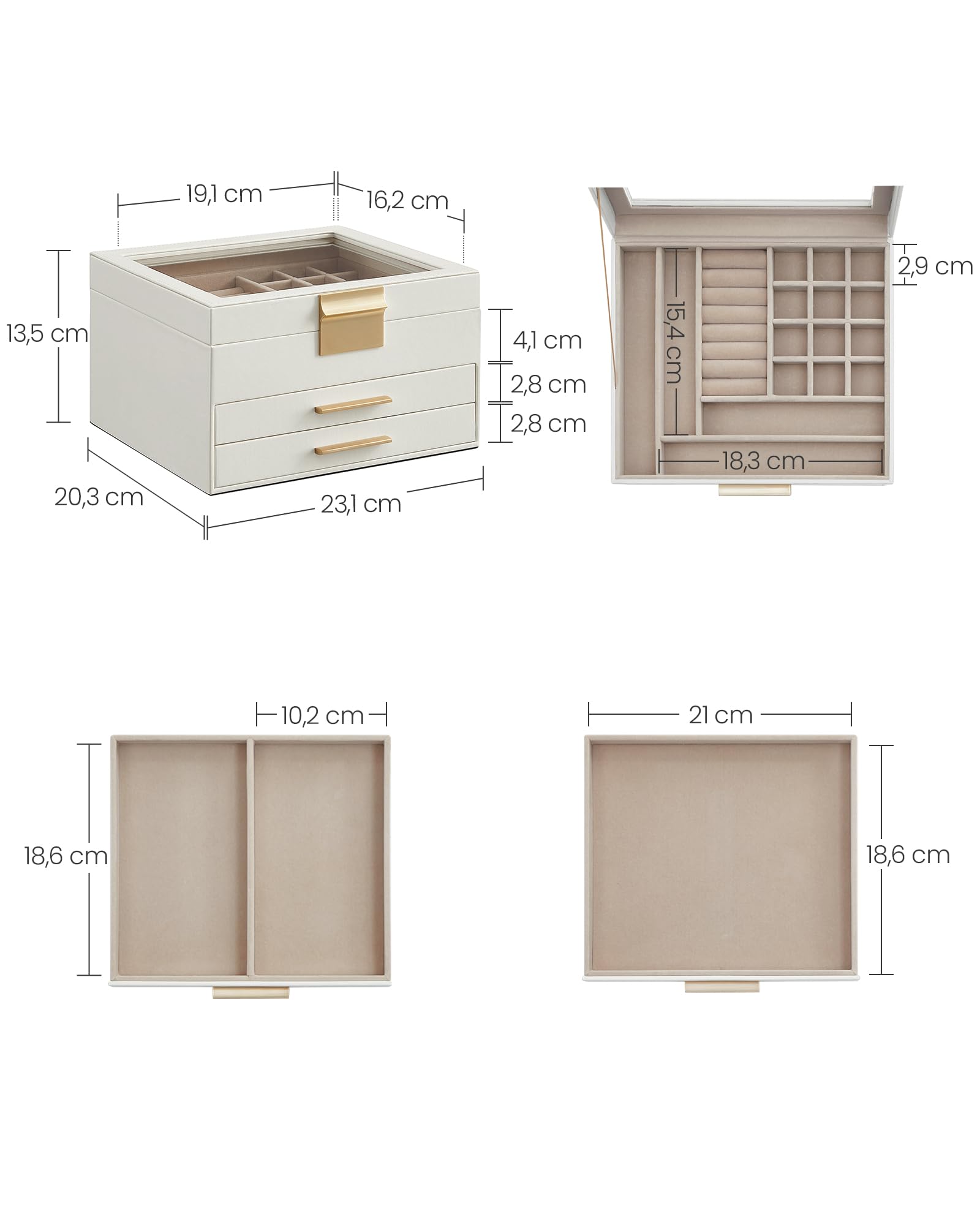 SONGMICS Collection GISELLA - Boîte à Bijoux, Écrin à Accessoires 3 Niveaux, Coffre de Rangement, Couvercle en Verre, 2 Tiroirs, Rangement pour Bijoux, Moderne, Blanc Nuage et Doré JBC239WTV1