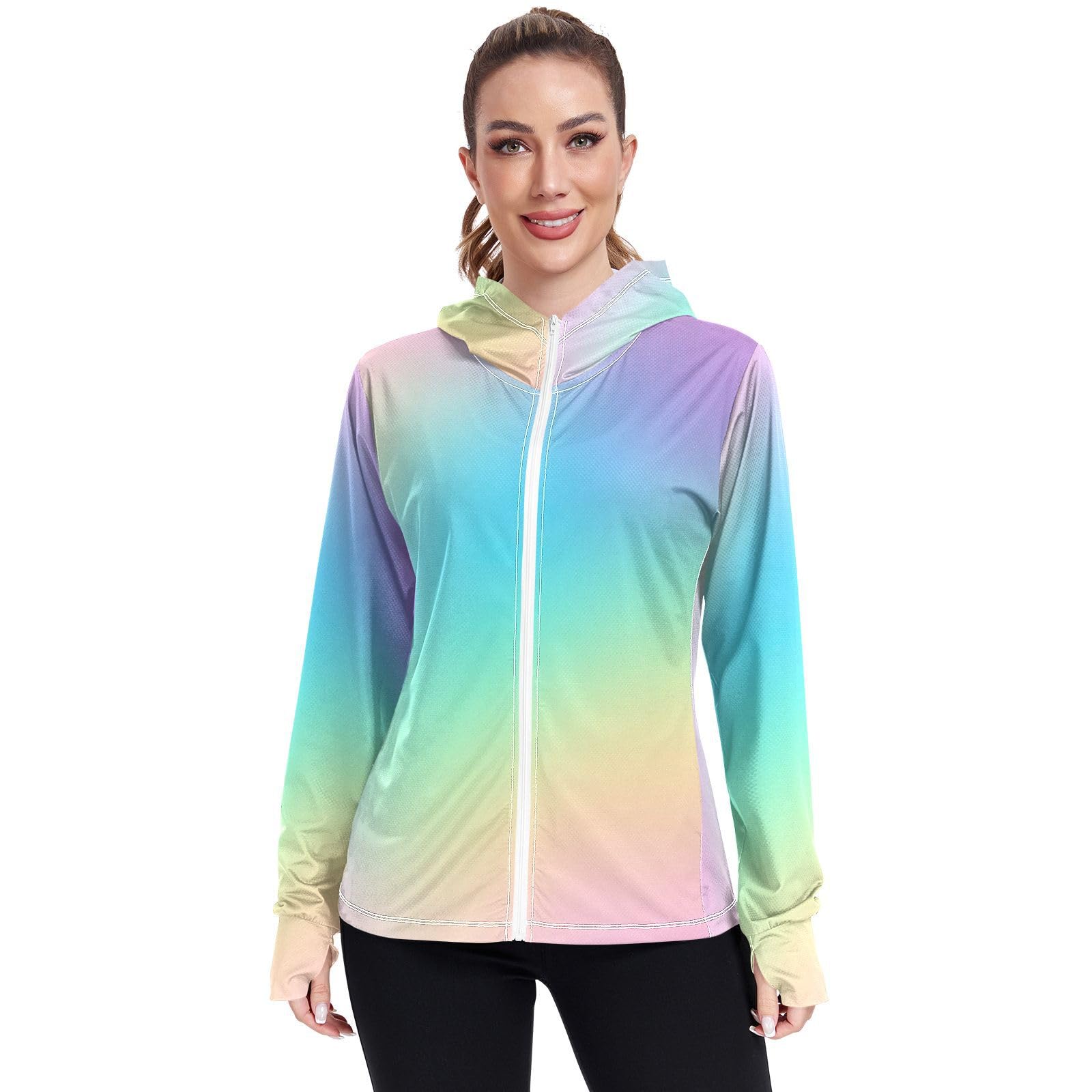 GAIGEO Pastel Rainbow Gradient Lightweight Jacket Women, UPF 50+ Sun Protection Jacket Women, Quick Dry Cycling Jacket for Women, M