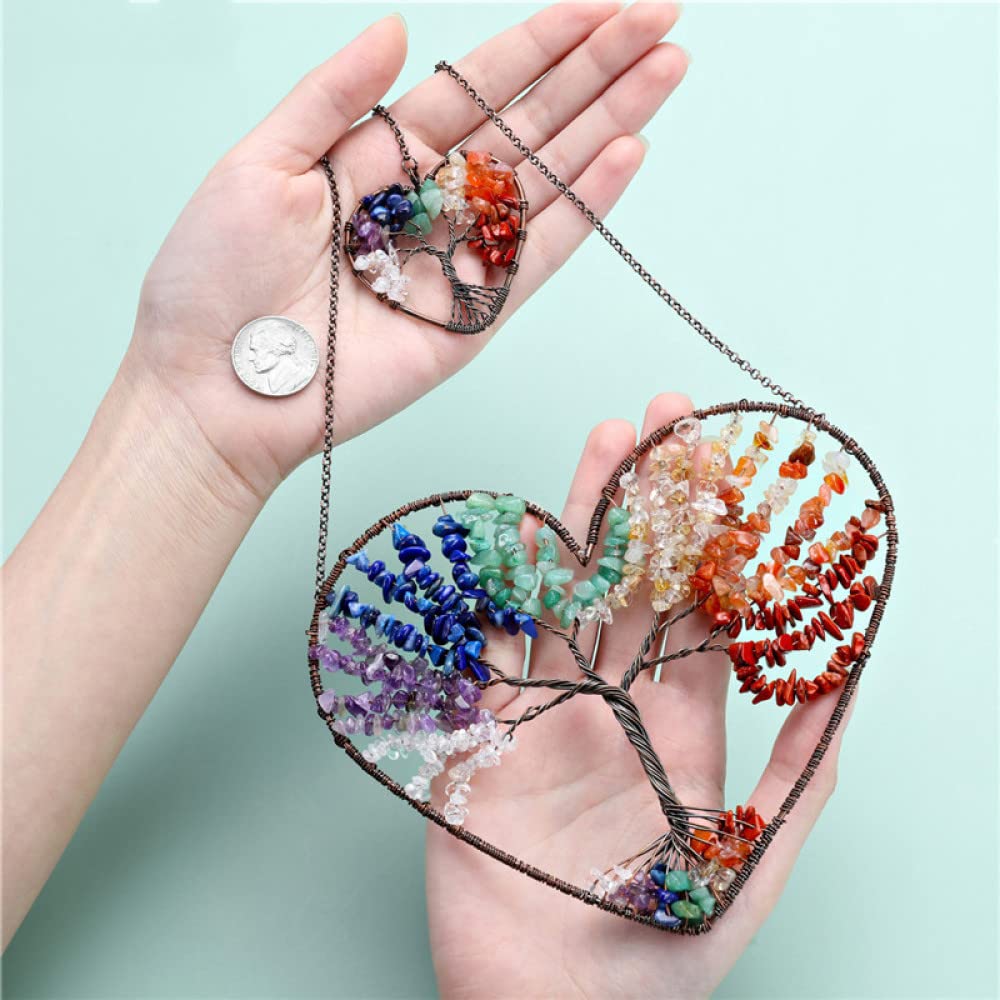 Adorno Colgante de árbol de la Vida con Doble corazón, Piedras Preciosas, meditación Espiritual, jardín, Boda, decoración del hogar, 7 Chakras