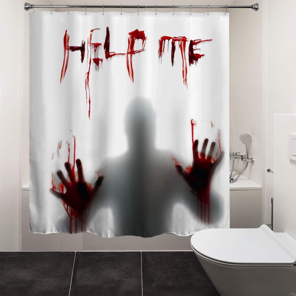 Halloween Horror Scary Bloody Shower Curtain with Hooks, Hallowmas Zombie Vampire Shower Curtain Sets, Bathroom Art Decor Bathtub White Shower Curtains - Help Me 60" W x 72" L