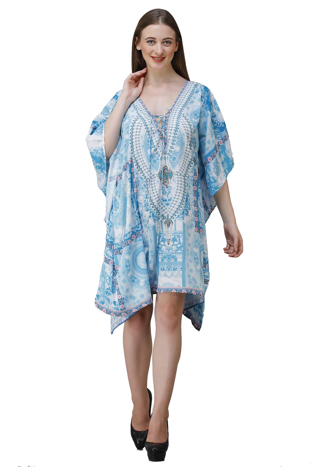 Short Skyblue Digital Printed | Georgette Kaftan | Vacation Wear | Beach Wear | Coverups | Kaftan Dress | For Women | Free Size [M-3XL]