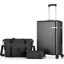 Luggage Sets 3 Piece (4-YEARS WARRANTY), ABS+PC Suitcases with Wheels and Side Hook, Hardshell 20 inch Luggage with Duffel Bag Travel Bag, Black