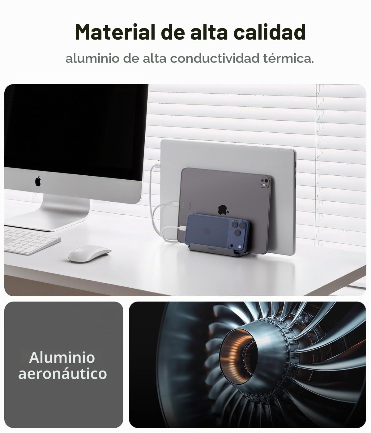 Spigen Soporte Vertical [hasta 4 Dispositivos] Organizador de Escritorio para Portátil, Tablet y Moviles, Compatible con MacBook Pro Air Mini Neo, iPad Pro Air, iPhone 17 16 15, Galaxy, Pixel