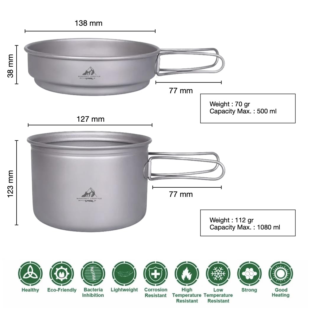 Tasse de Camping Ultra léger et Résistant en Titane avec Couvercle et Sac (1080+500 ML)