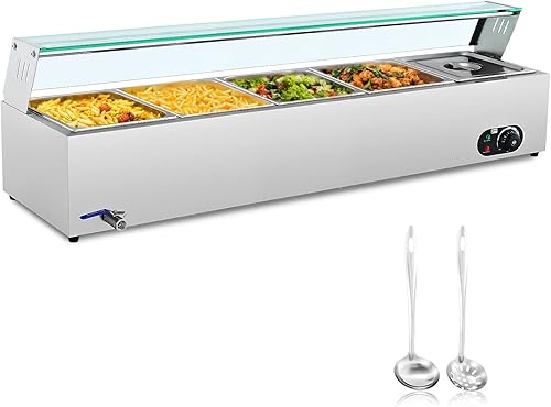 WILPREP Calentador de alimentos comercial de 5 bandejas, mesa de vapor de 50 cuartos de galón, bandeja de calentamiento eléctrico de 1200 W,