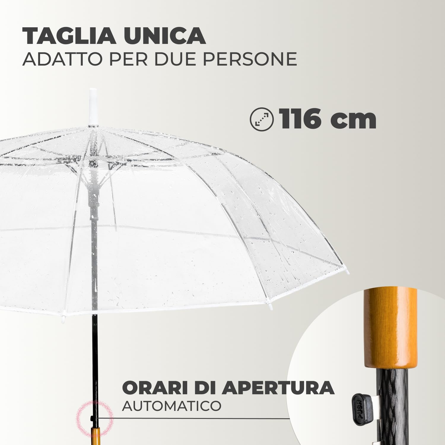 LOGAN & BARNES Ombrello da matrimonio trasparente con manico di alta qualità in vero legno Ø120 cm – Elegante grande ombrello per 2 persone, trasparente XXL – Modello CARDIFF