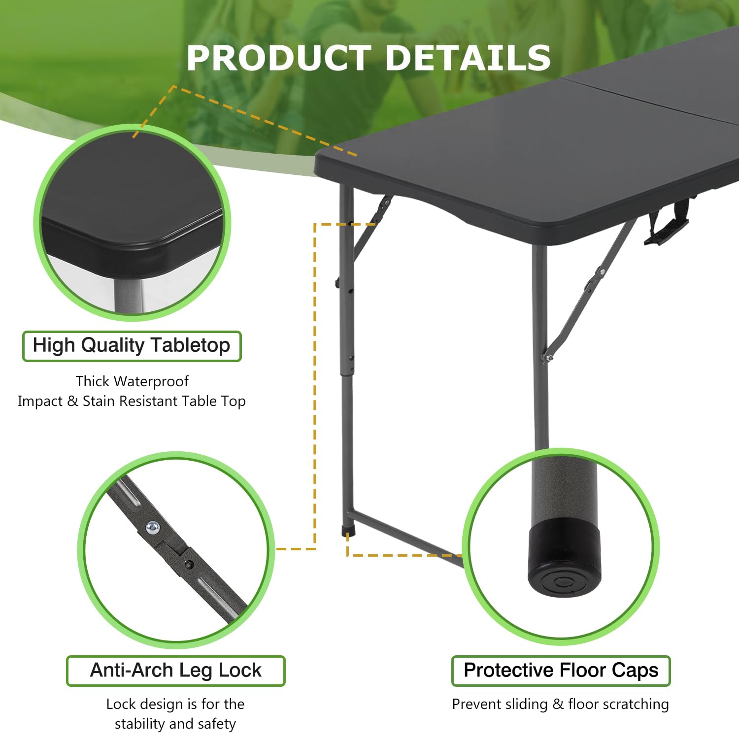 BestOffice 4 FT Picnic Table Folding Table Camping Plastic Table Fold Up Table Lock for Party Event, Black — view 4