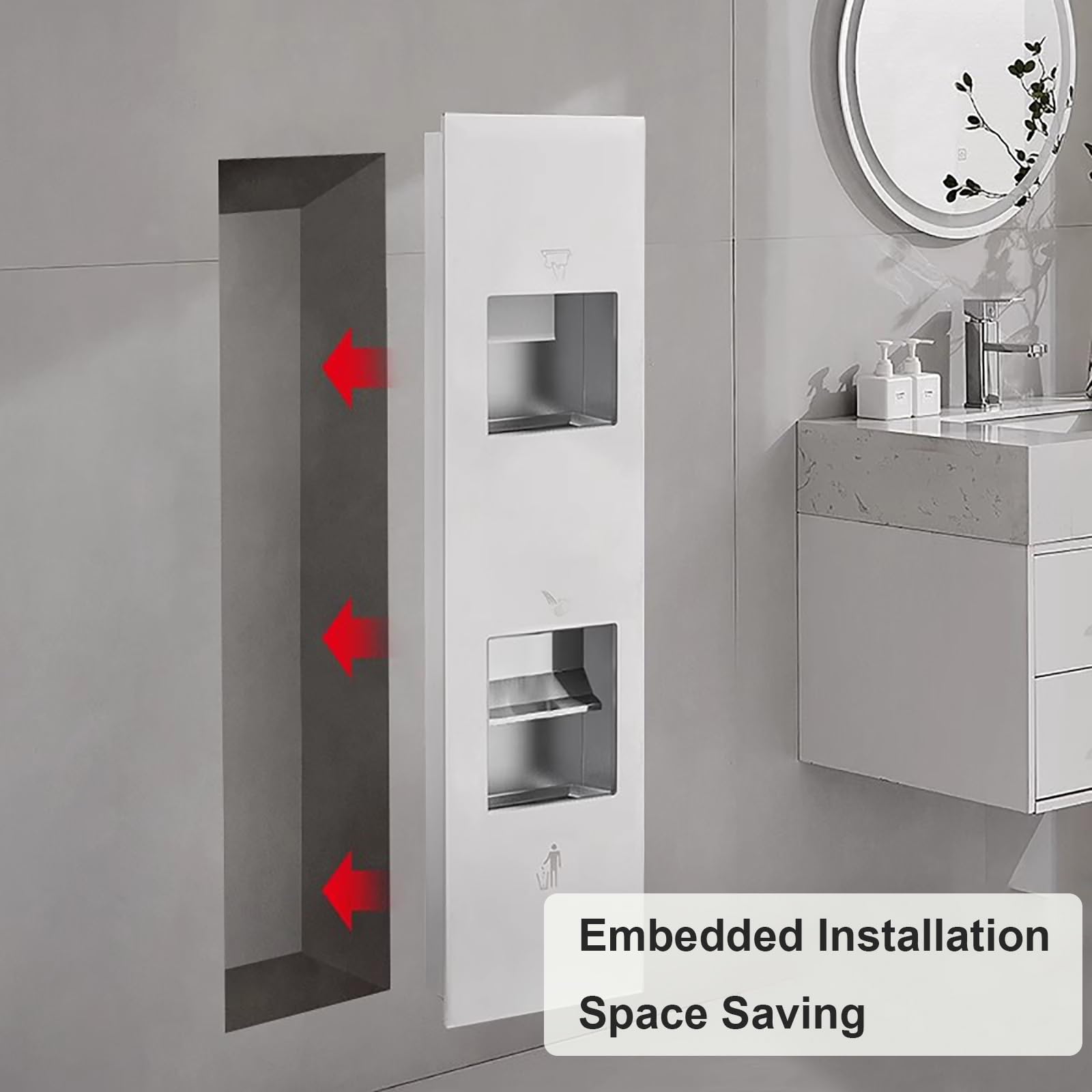 Dispensador comercial de toallas de papel con cubo de basura, acero inoxidable 304, soporte para toallas de papel de baño para baños de alto tráfico, diseño que ahorra espacio