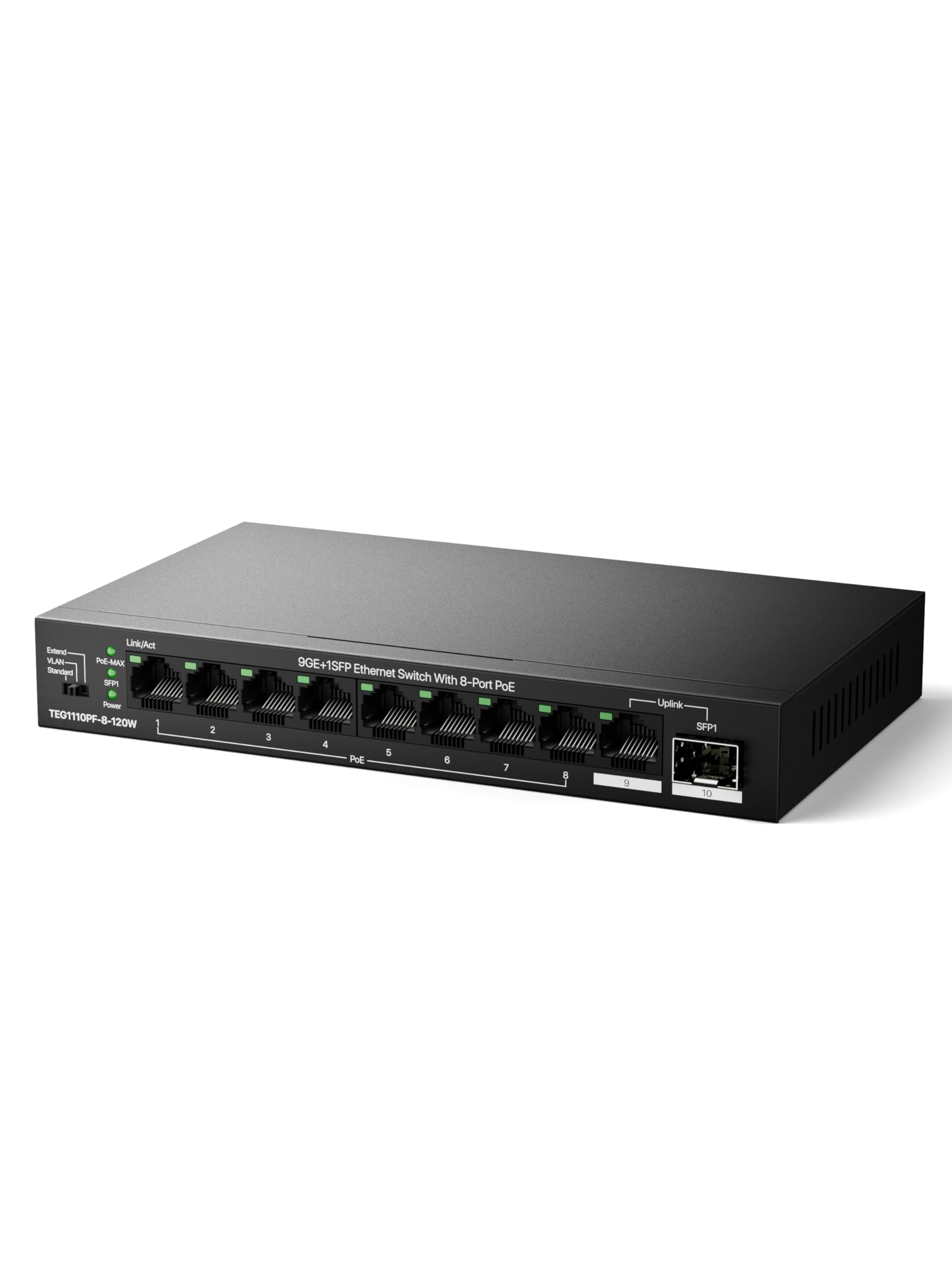 Tenda PoE Switch 10 Port Gigabit LAN Switch mit 8 PoE+ Ports, Uplink- & SFP-Ports (110W Gesamtleistung, VLAN, Bis zu 250m PoE-Reichweite, IEEE 802.3af/at, Lüfterlos, Unmanaged, Metallgehäuse)