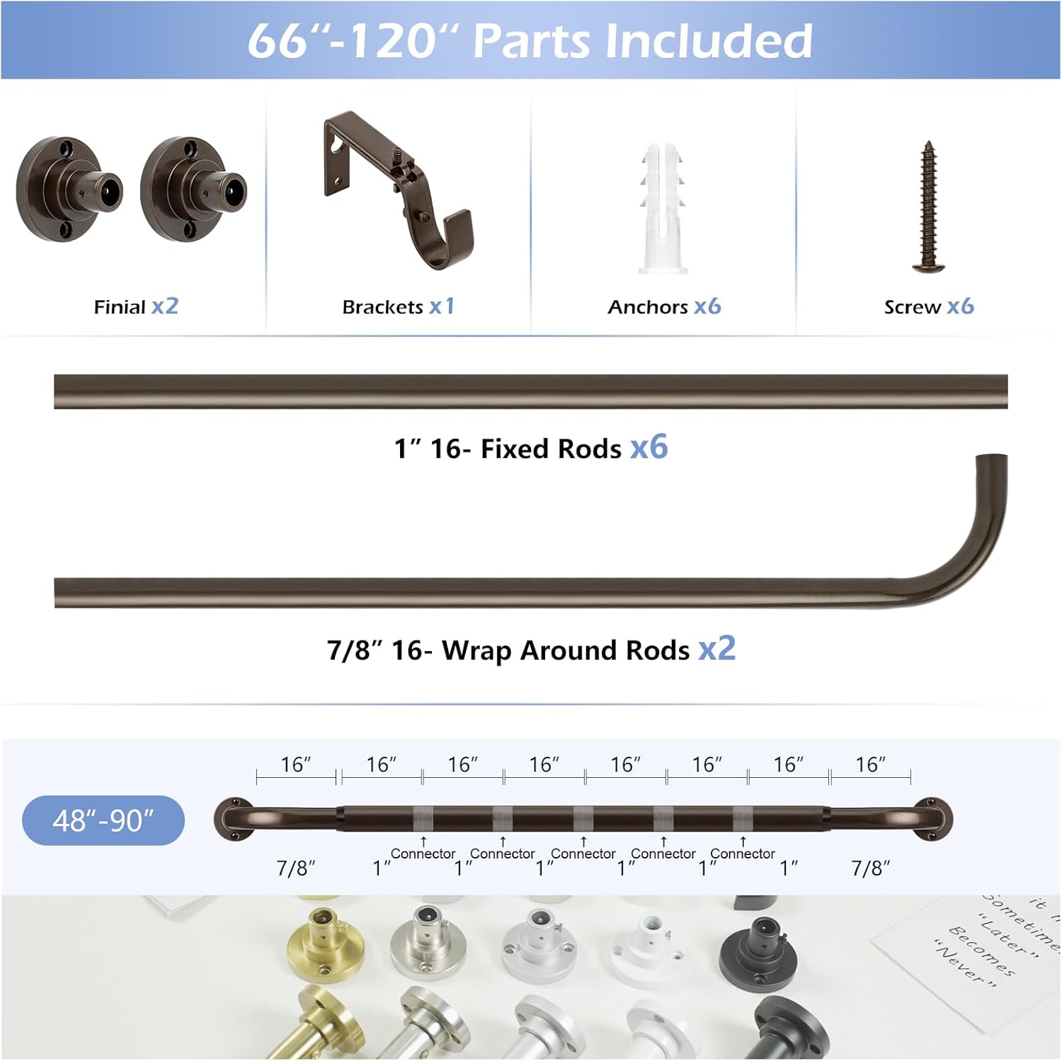 Bronze Wrap Around Curtain Rods 66 to 120 Inch:Blackout Heavy duty Adjustable Window Curtain Rod for Bedroom,Industrial Darkening Curved French Metal Single Drapery Rods Set Easy Install,Brown