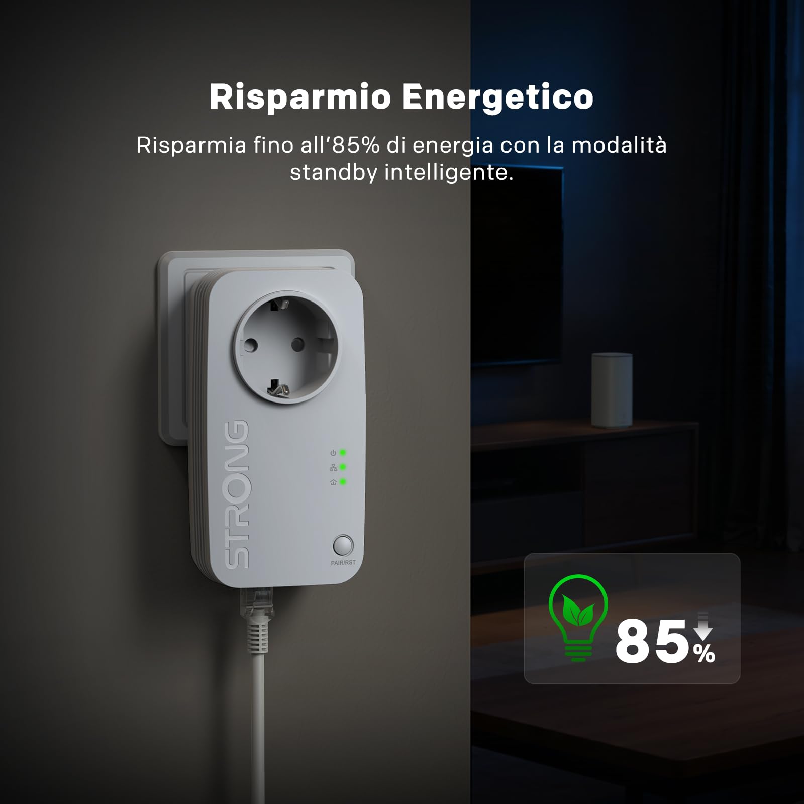 Strong AV600 Adaptador Powerline Set con Enchufe, PLC HomePlug AV2, Sin WiFi, Plug & Play, Enchufe Integrado, Modo de Ahorro de Energía, Puertos LAN 100 Mbit/s, Internet por Red Electrica (PL600S)