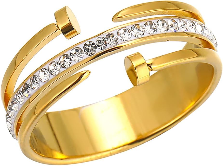 Loqimu Gold Stainless Steel Nail Ring with Cubic Zirconia Wedding Rings for Women Stackable Anniversary Rings