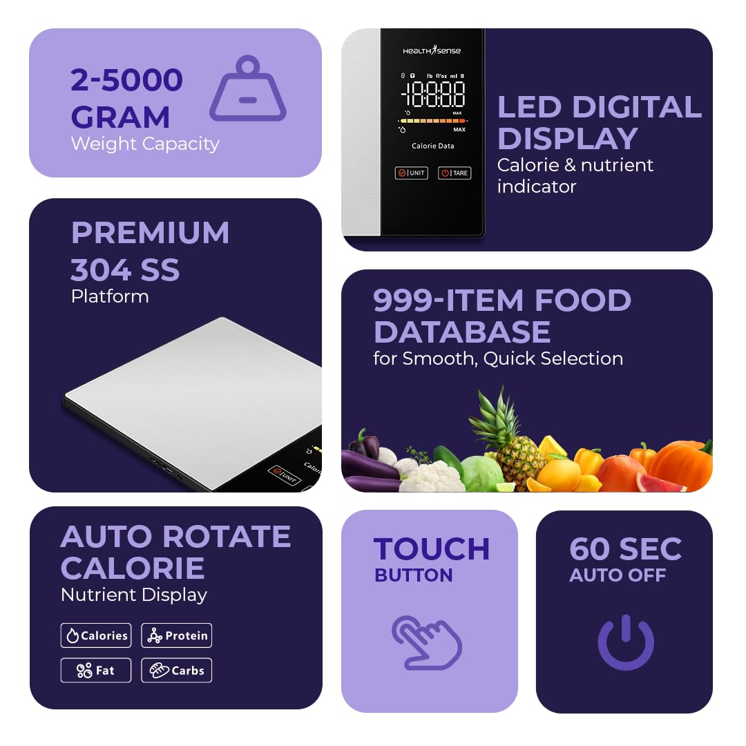 HealthSense Kitchen Weighing Machine for Food|Digital Weight Scale for Home with Nutritional Calculator App 24 Nutrients LED Display Tare Function Stainless Steel Platform |1Year Warranty(KS100)
