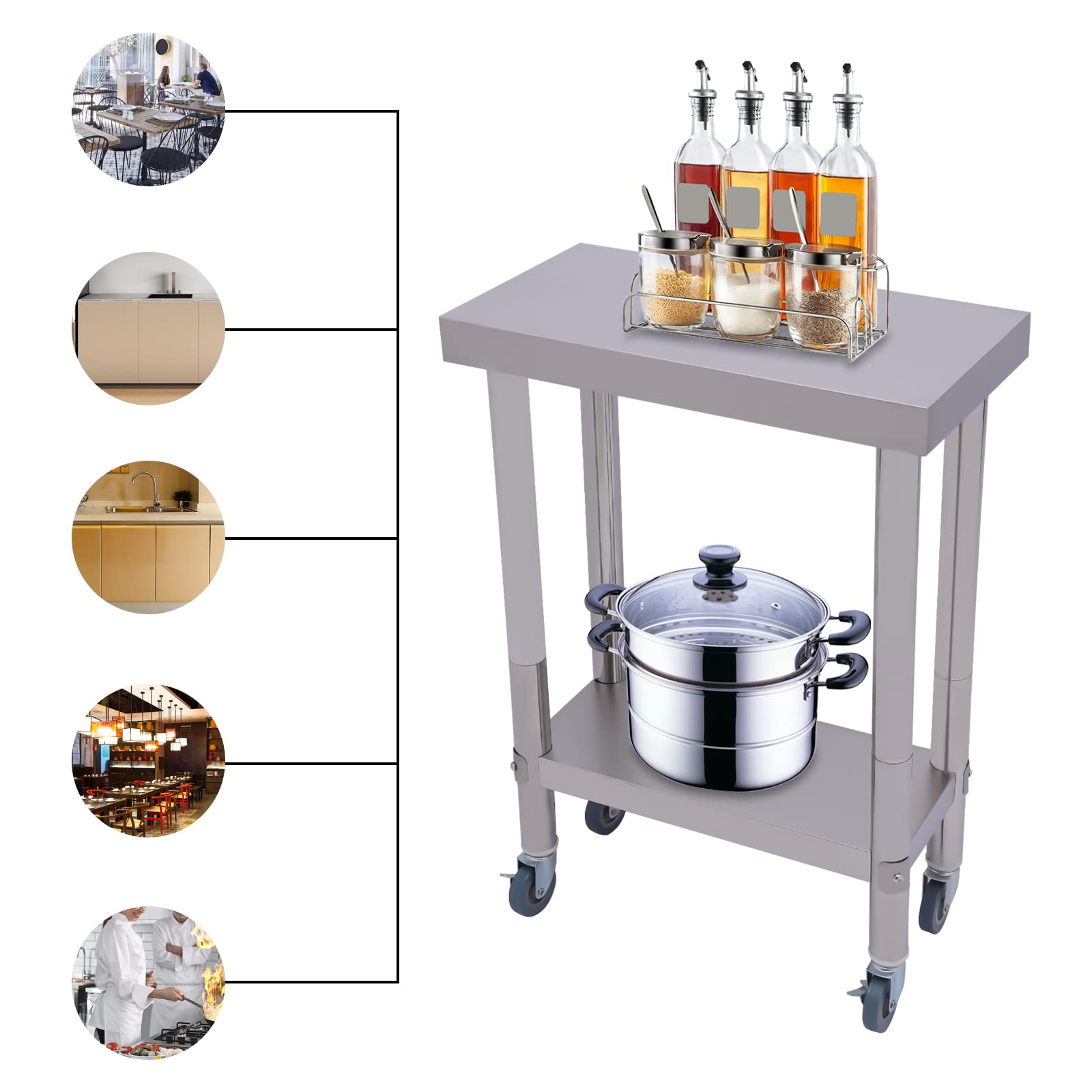Mesa de trabajo para preparar alimentos, acero inoxidable, 2 capas, mesa de cocina, mesa de cocina, mesa de cocina, mesa de cocina con ruedas, mesa de acero inoxidable, mesa desmontable, plata