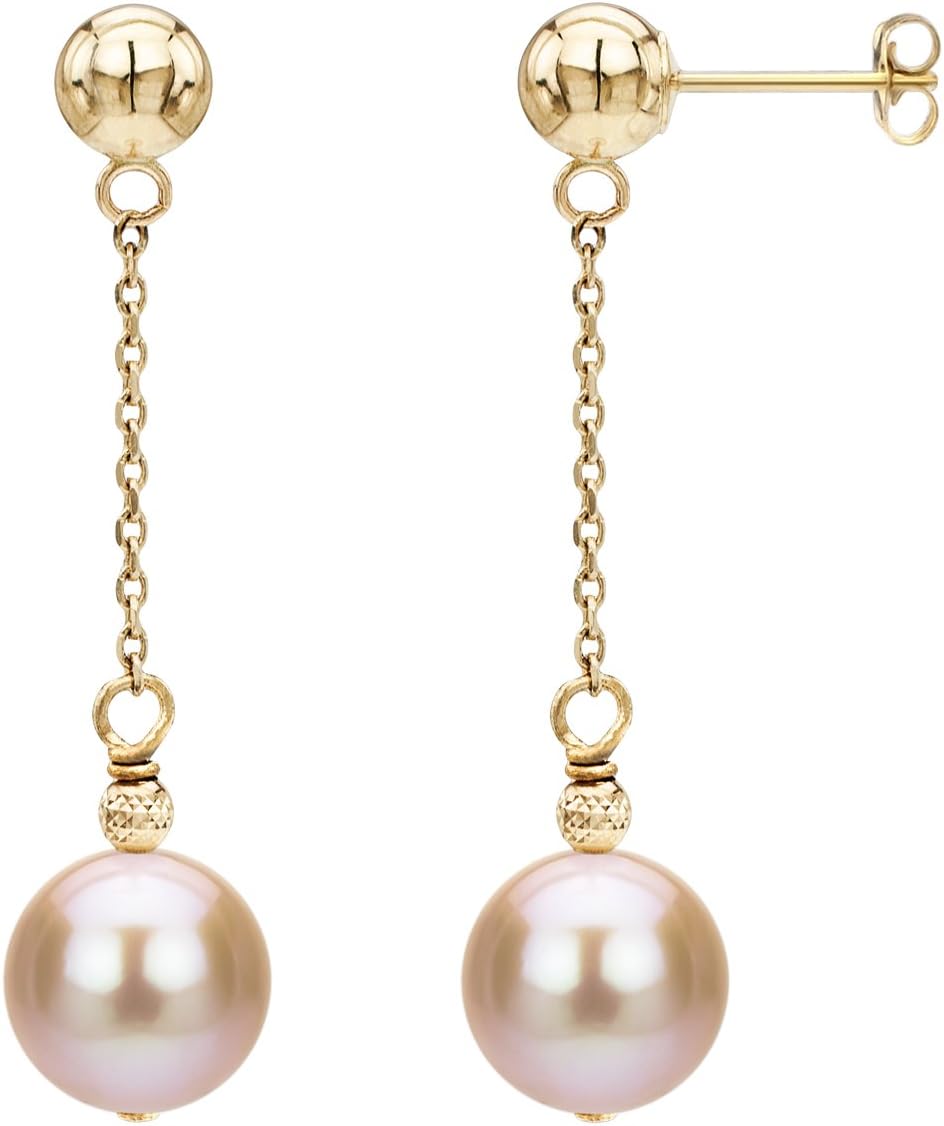 14K Yellow Gold Ball Stud Pink Freshwater Cultured Pearl Dangle Chain Earrings Set 8-8.5mm