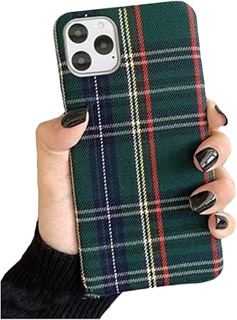 Warm Flannel Plaid Cloth Phone Case for iPhone 17/16/15/14/13/12/11 Pro Max Plus Mini SE 2020 X XS Max XR Plush Scottish Tartan Grid Stripe Fabric Phone Cover for iPhone 14, Green