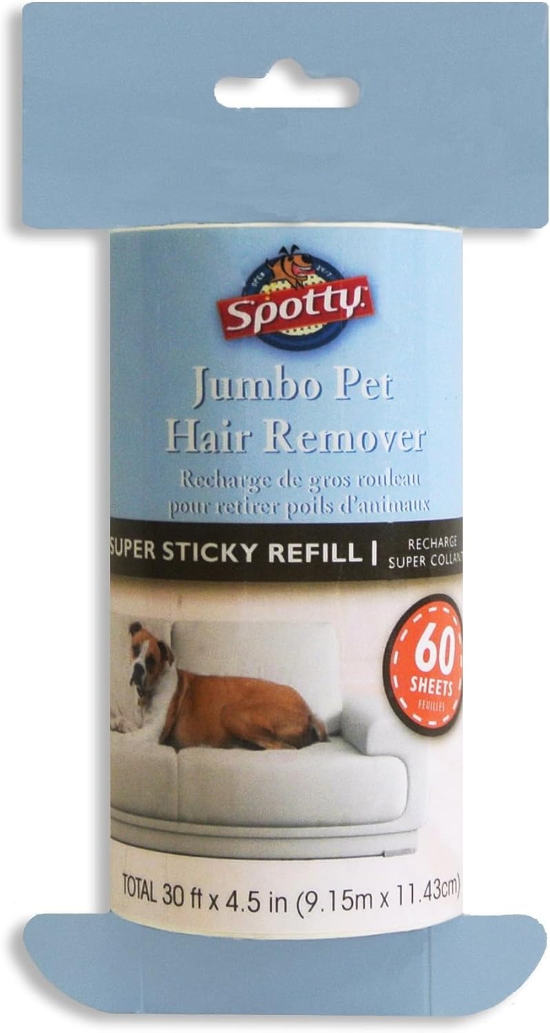 Spotty Jumbo Extra Sticky, Adhesive Lint Roller Refill, Pet Cat & Dog Hair Remover for Clothes and Furniture, 60 Sheet ct (Pack of 6)