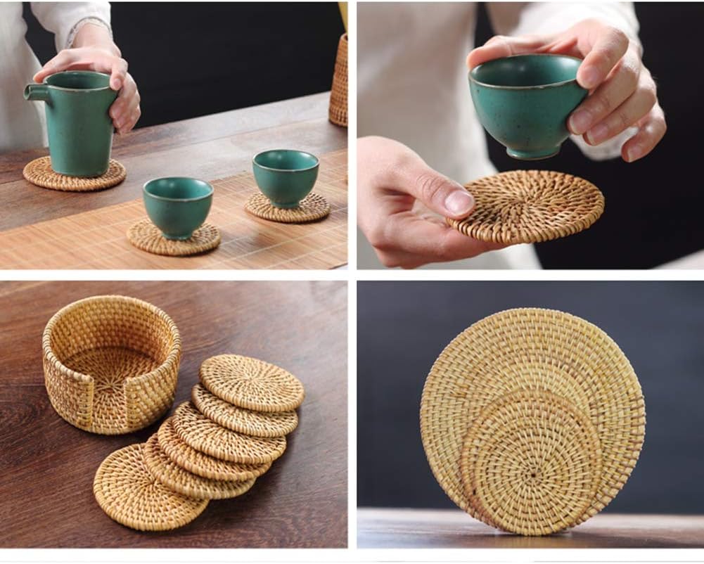 Hotfiary 6 Pack Handmade Rattan Coasters, Natural Wicker Boho Coasters Set, Heat-resistant Drink Coasters Reusable Saucers for Coffee Table Protection, Round Trivet for Teapot Teacup
