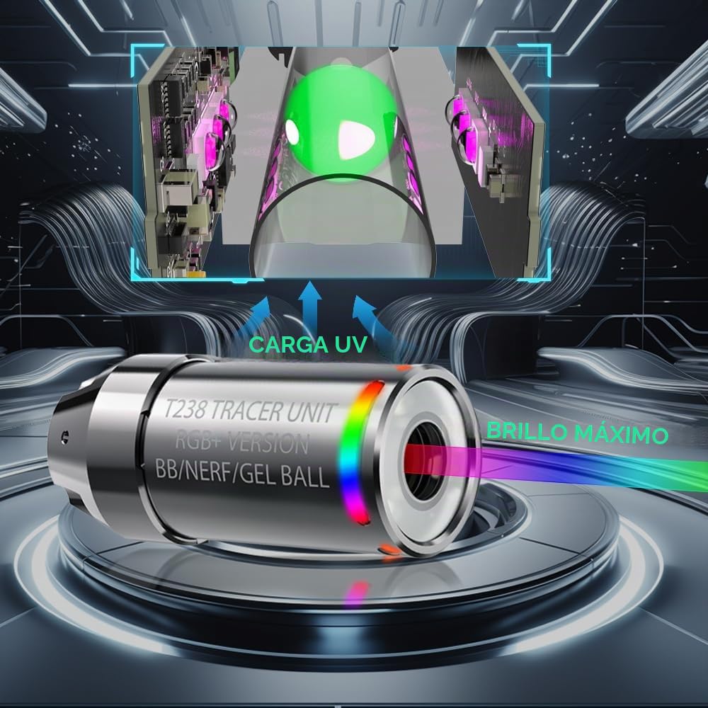 RGB+ Airsoft Tracer, Spitfire Tactical Tracer Unidad para Airsoft/NERF/Gel Blaster, Tracer y Arco Iris Modos Trazador, Modo Trazador, Modo Arco Iris y Siete Modos Monocromo disponibles (Plata)