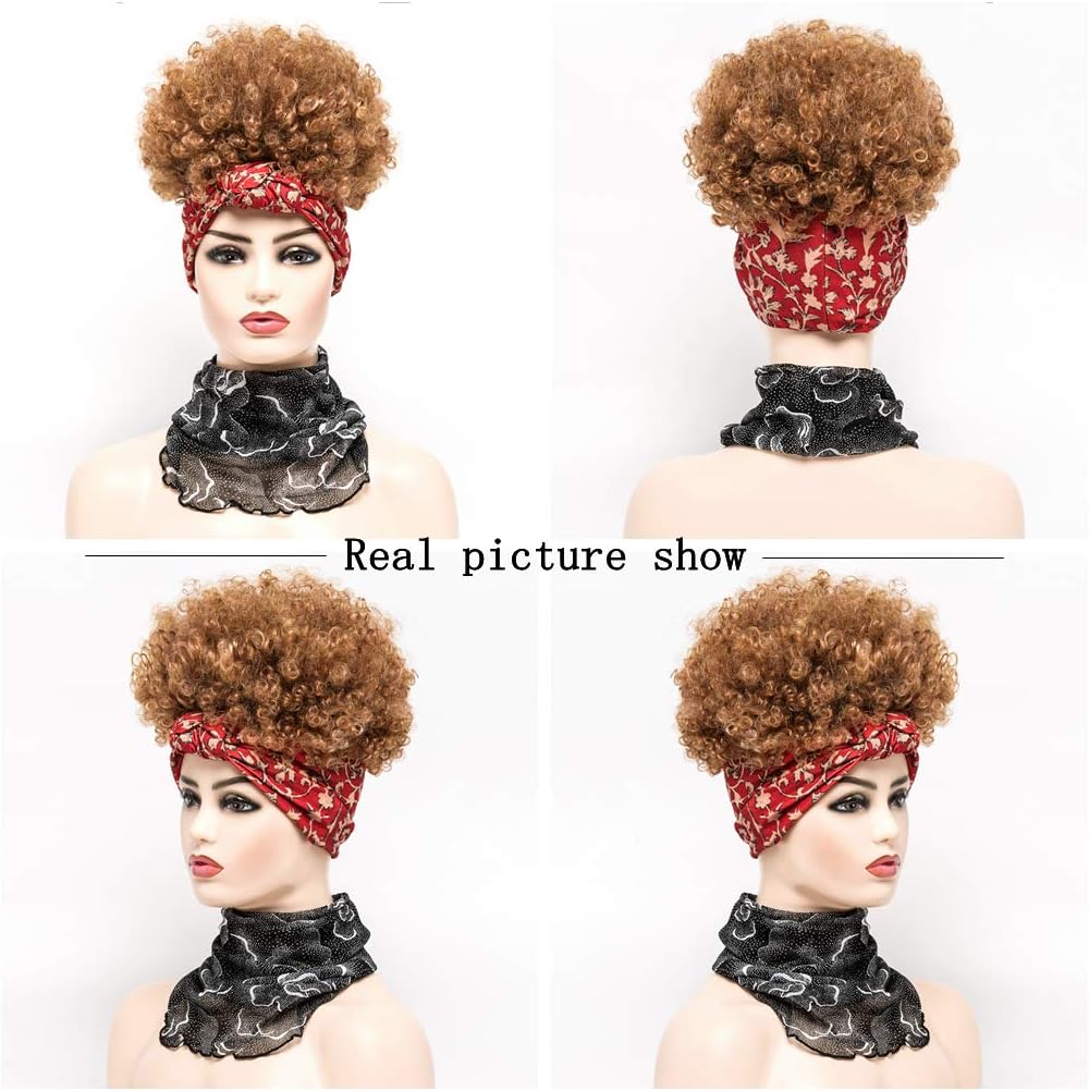 Afro Kinky Curly Wrap Wigs for Black Women Headband Wigs with Bangs Synthetic Short Curly Wigs 2 in 1 Headwrap Turban Wigs Afro Puff Drawstring Ponytail with Red Hair Scarf (D-4/630) - Image 4