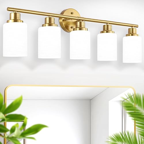 Miniatura 9 de Luces de tocador de 5 luces, lámpara de baño de oro cepillado con pantalla de vidrio blanco lechoso texturizado a rayas, accesorio de iluminación