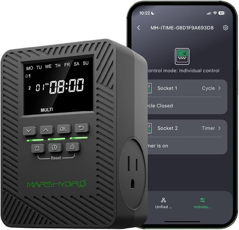MARS Hydro ITime 2-in-1 Smart Timer Outlet Dual Outlet App Control for Home | Custom programmable timer with 12 On/Off settings, perfectly tailored for home, office, and plant growth use