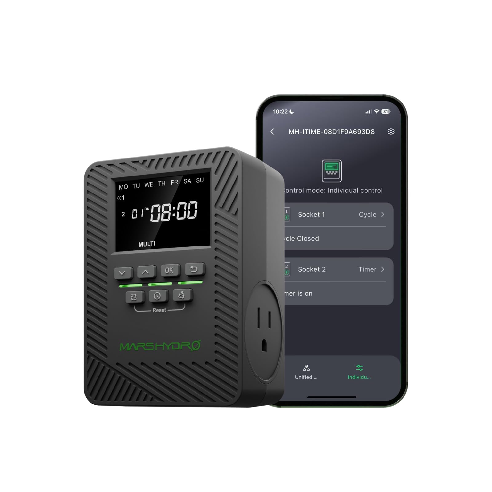 2025 MARS Hydro ITime 2-in-1 Smart Timer Outlet Dual Outlet App Control Custom Programmable 12 On/Off for Home Office and Plant Growth Use