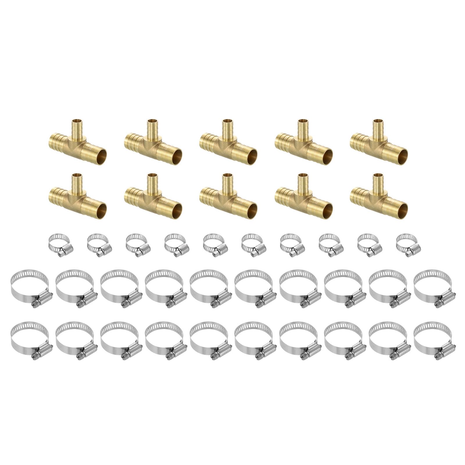QUARKZMAN 10pz Raccordi Tubo in Ottone 3/4" x 1/2" x 3/4" con 30pz Morsetti | Riduttore Tubo Raccordo Ottone a T con 30pz Morsetti Tubi per Acqua Carburante Aria