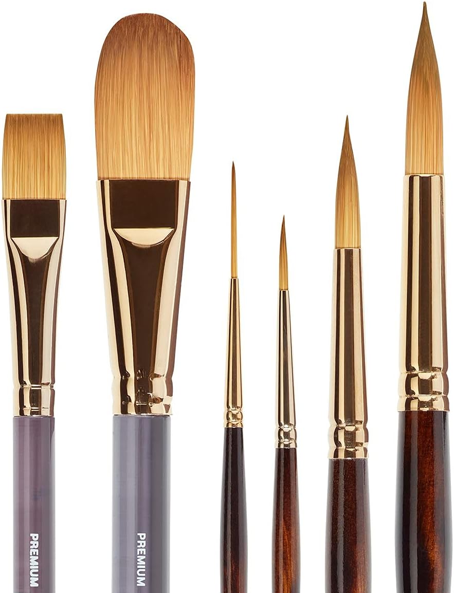 KINGART 1010B Premium 6 Pc. Finesse Series Watercolor Artist Brush Set, Synthetic Kolinsky Sable Blend, Curated Brush Shapes and Sizes, Short Handle, Gift Boxed