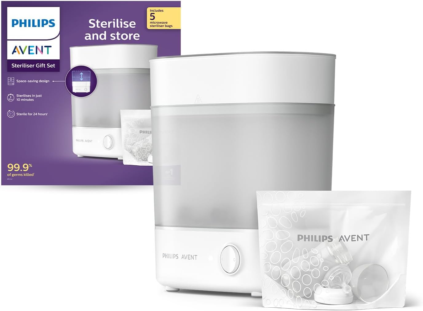 Philips Avent Sterilizer With Microwave Sterilizing Bags Combo I No.1 Brand Recommended by Moms Worldwide | Kills 99.9%* Germs in 10 mins Cycle | Stays Sterile Upto 24hrs* | SCF291/10 (Sterilizer with Microwave Sterilizing Bags Combo)