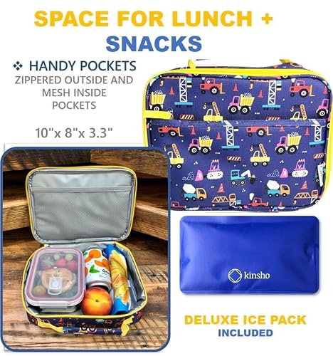 Truck Lunch Box With Ice Pack For Boys, Insulated Bag For Toddlers Kids Baby Boy Daycare Pre-School Kindergarten, Container Boxes For Small Kid Snacks Lunches, Bpa Free, Blue Construction Trucks #TOP1