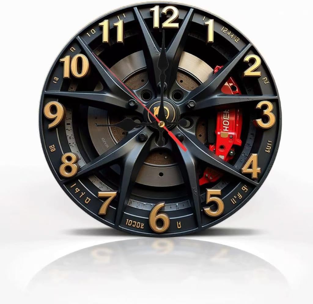 Car Wheel Design Wall Clock, 2D Flat Black Rims and red Brake Calipers, Golden Numbers, 11.81 inches, Home Decoration