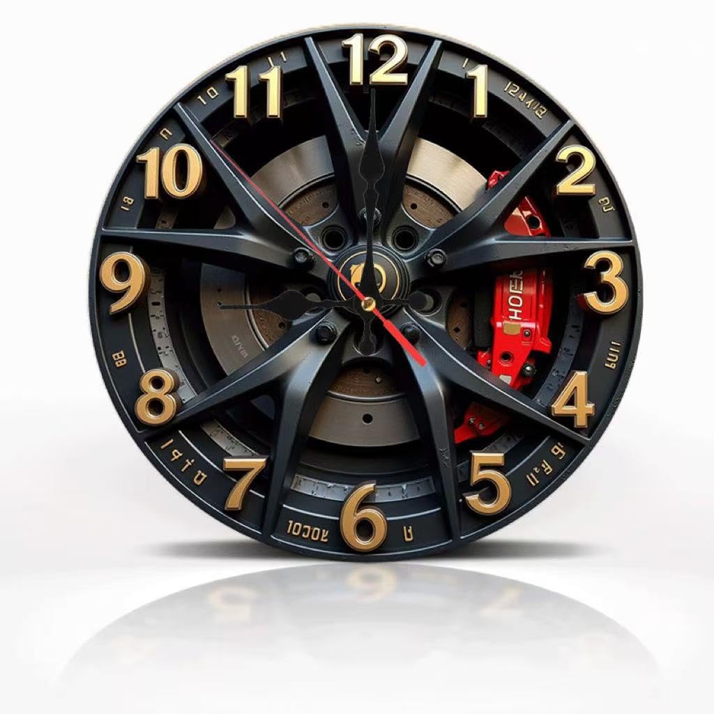 Car Wheel Design Wall Clock, 2D Flat Black Rims and red Brake Calipers, Golden Numbers, 11.81 inches, Home Decoration