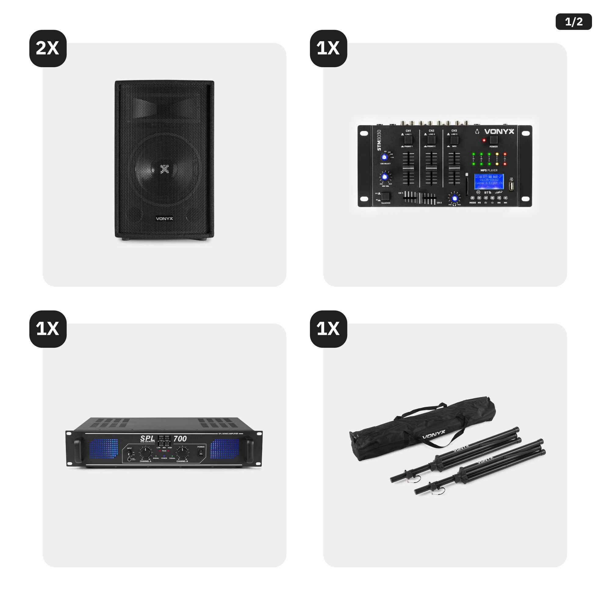 SkyTec - DJ Lautsprecher Set, Mobile PA Anlage Komplettset 700 Watt, mit Mischpult, Verstärker, Stativen und Kabeln, DJ Set Komplett, 12 Zoll DJ Boxen Set, 8 Ohm PA System, DJ Anlage für Beginner