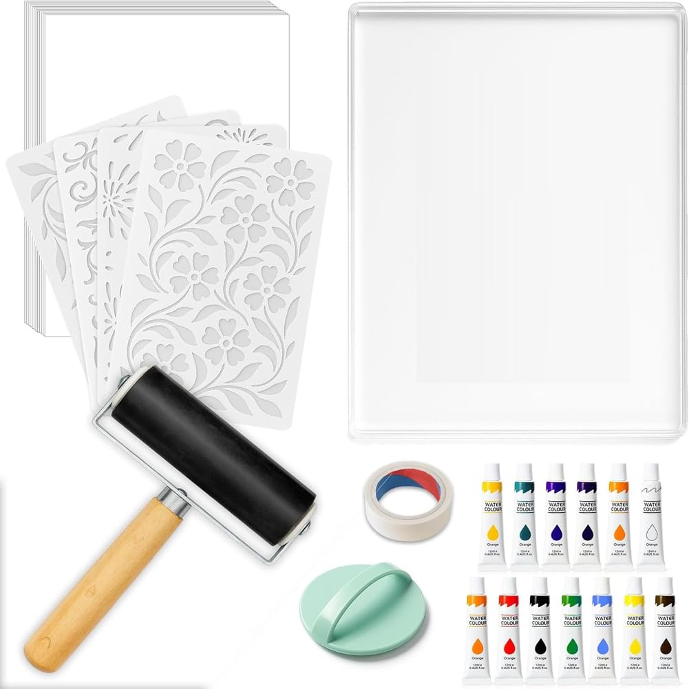 IJSDNVJNDX Gel Printing Plate Kit Includes 8" X 10" Plates, Brayer, Watercolor Paints, A4 Printmaking Paper, and More Tools