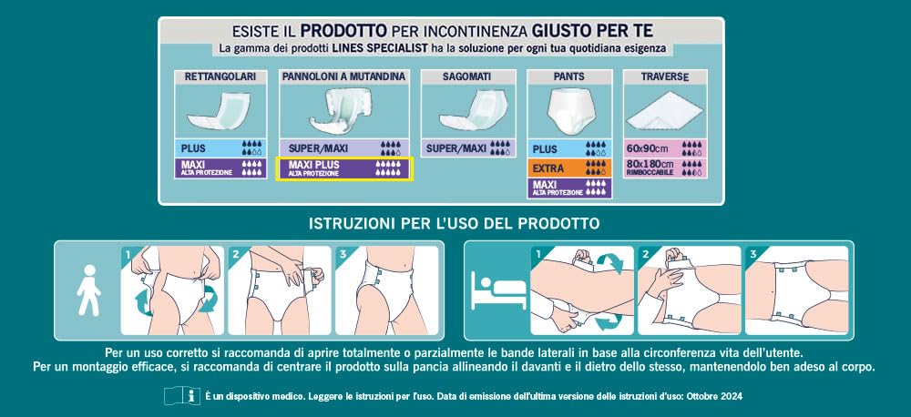 Lines Specialist Pannolone a Mutandina Maxi Plus per Incontinenza Donna e Uomo, Alta Protezione fino a 12 ore, Zero Odore, Taglia L, Scorta Mensile, Confezione da 48 Unità