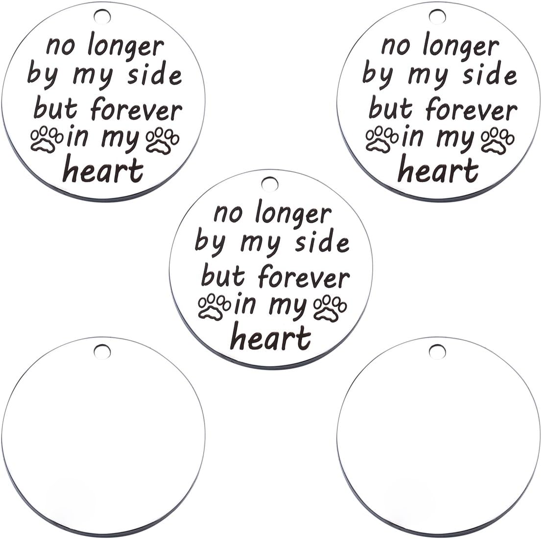VALYRIA 5pcs Stainless Steel Paw Round Charm Pendants with "no Longer by My Side but Forever in My Heart" Engraved 25mm