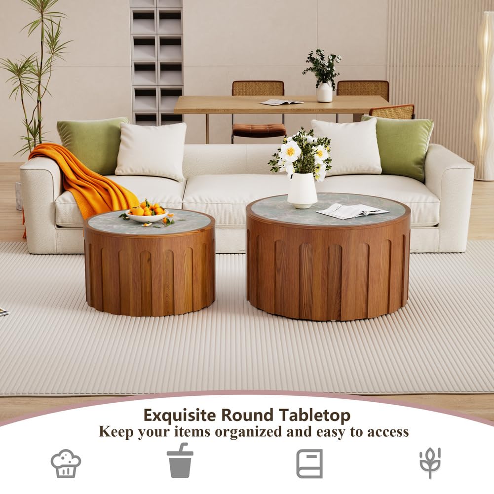 Lot De 2 Tables Basses Rondes Emboîtables, Table Basse Moderne en Forme De Tambour Cannelé avec Plateau en Placage De Marbre, Tables D'appoint Empilables en Bois,Vert