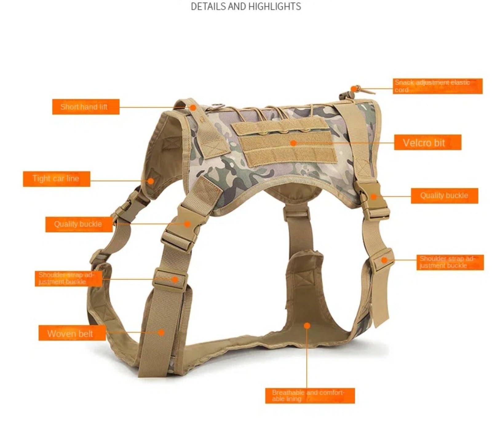 Pettorina Tattica for Cani, Mimetica, in Nylon, di Grandi Dimensioni, Regolabile, Anti-tiro, con Pannelli Molle e Loop /1057(Khaki Color,XL)