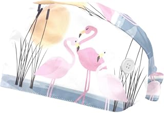 Flamingo Lake Reed Scene 2 Pack Adjustable Working Cap with Buttons Elastic Bouffant Hats Head Scarf with Sweatband for Women Men