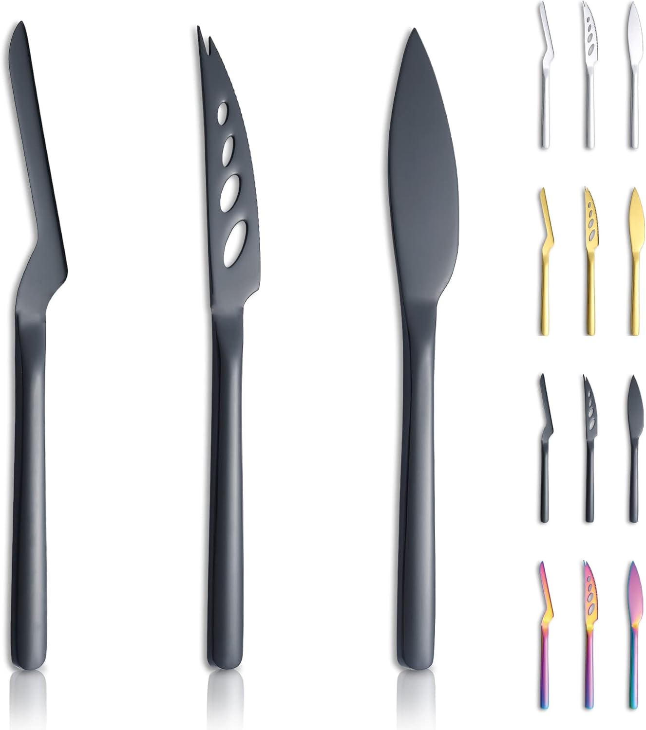 Kyraton Black Cheese Knife Set of 3, Ergonomic Design Titanium Black Plated Cheese Slicer, Butter Knife Spreader, Cheese Cutter, Cheese Knives for All Type of Cheese Kyraton Black Cheese Knife Set of 3, Ergonomic Design Titanium Black Plated Cheese Slicer, Butter Knife Spreader, Cheese Cutter, Cheese Knives for All Type of Cheese