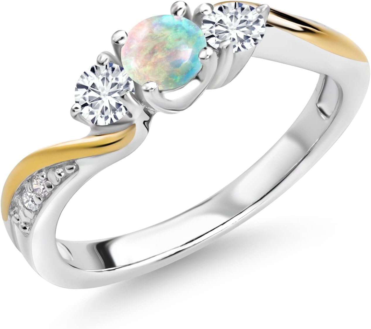 Gem Stone King 925 Sterling Silver and 10K Yellow Gold White Simulated Opal and White Lab Grown Diamond 3 Stone Engagement Ring For Women | 0.48 Cttw | Available In Size 5, 6, 7, 8, 9