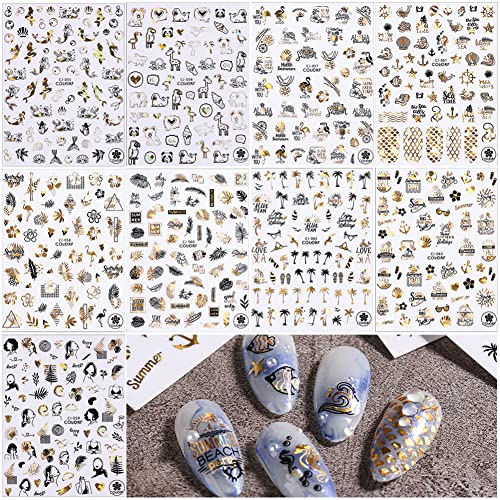 Gold Nail Art Stickers - 9 Sheets Summer Nail Stickers For Nail Art - Luxury Laser Summer Beach Nail Art Supplies Palms Leaves Coconut Trees Ocean Animals Mermaid Nail Decals For Acrylic Nails Decor #TOP1