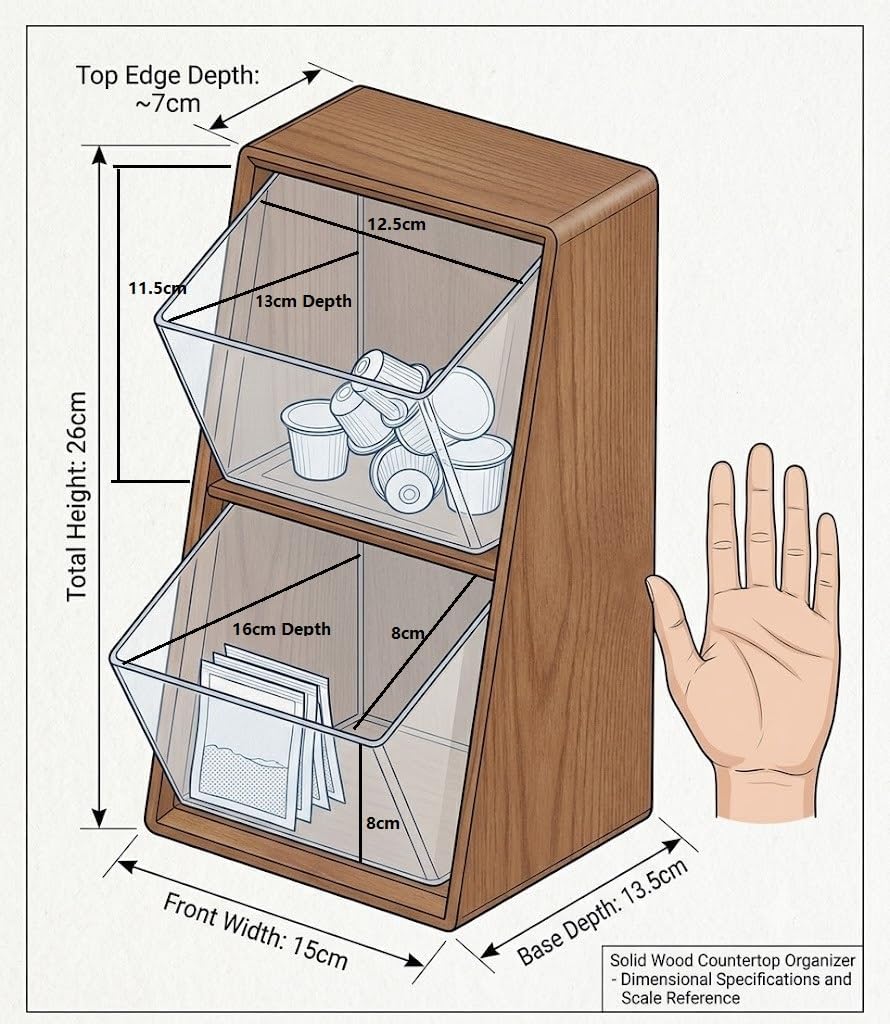 Solid Wood Countertop Organizer with 2 Clear Acrylic Bins, 2-Tier Coffee Bar Storage Caddy for Tea Bags, Coffee Pods and Sugar Packets