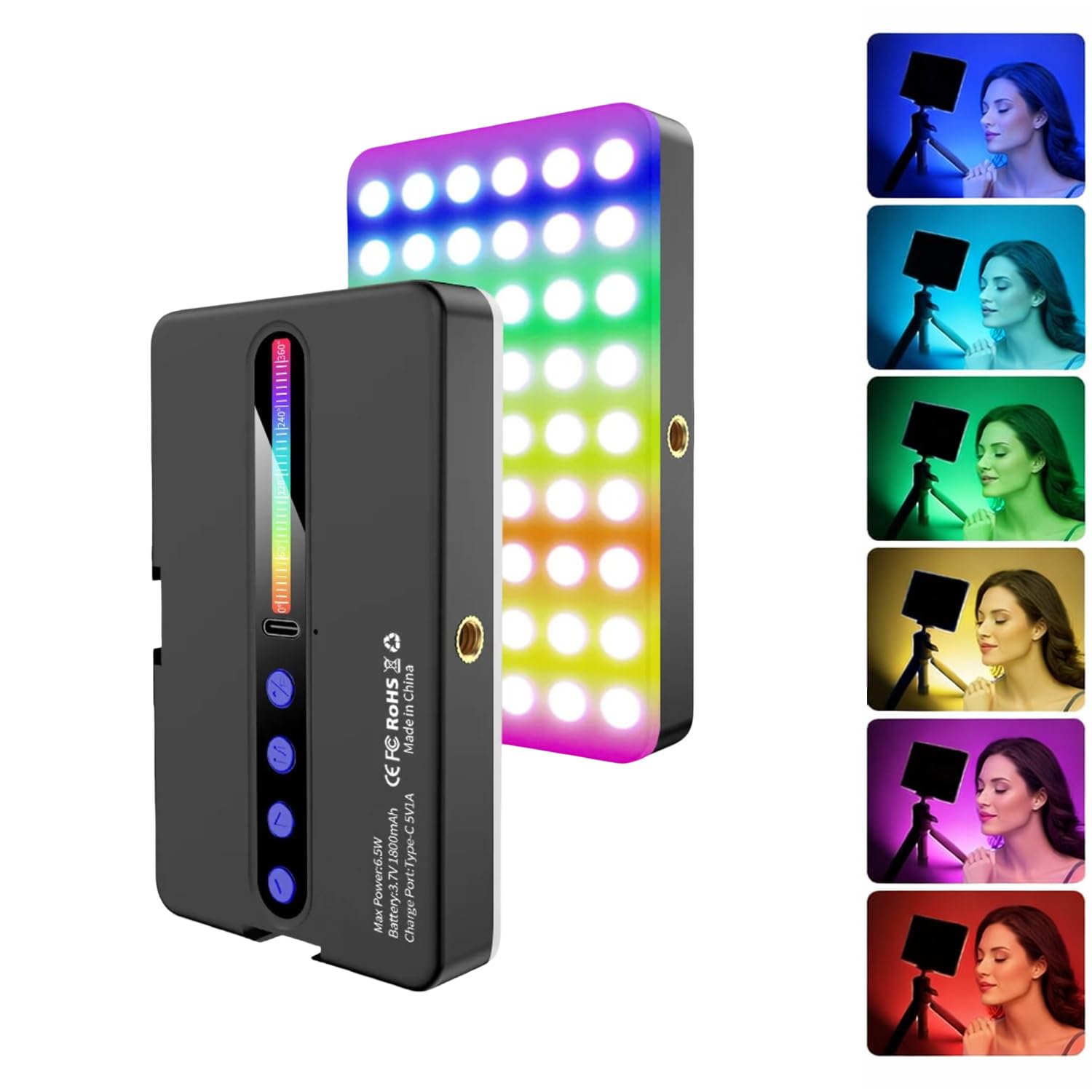 RGB Portable Pocket Camera Light, Dimmable LED Panel with Full Color 2700–6500K, 6.5W, 1800mAh Rechargeable Light for Phone Photography, Video, Zoom Calls, Live Streaming, Selfies & Makeup