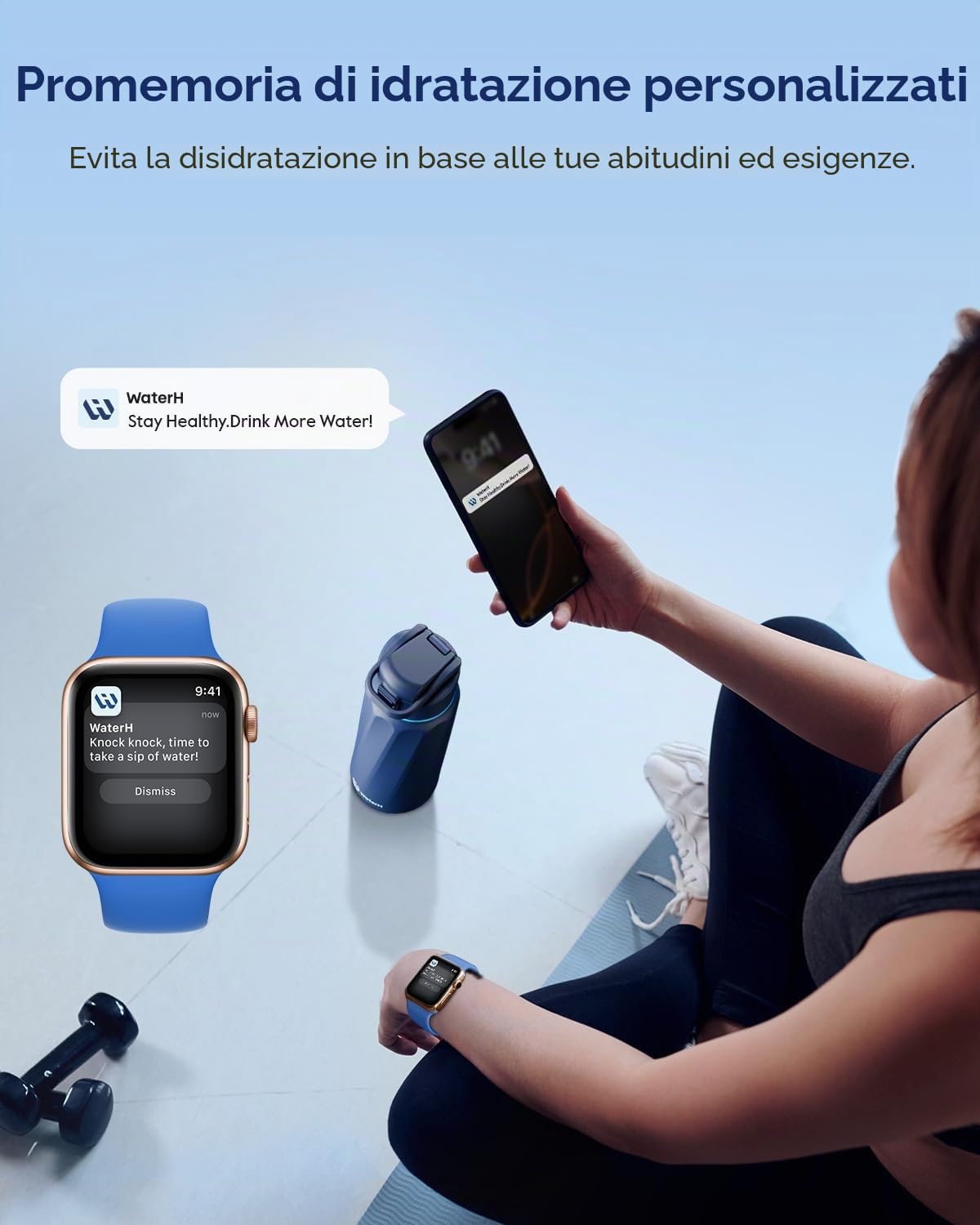 WATERH BOOST - Borraccia intelligente con promemoria idratazione e tracker, borraccia termica sottovuoto in acciaio inox, senza BPA, apertura larga, ideale per palestra, scuola, ufficio, 946 ml Blu